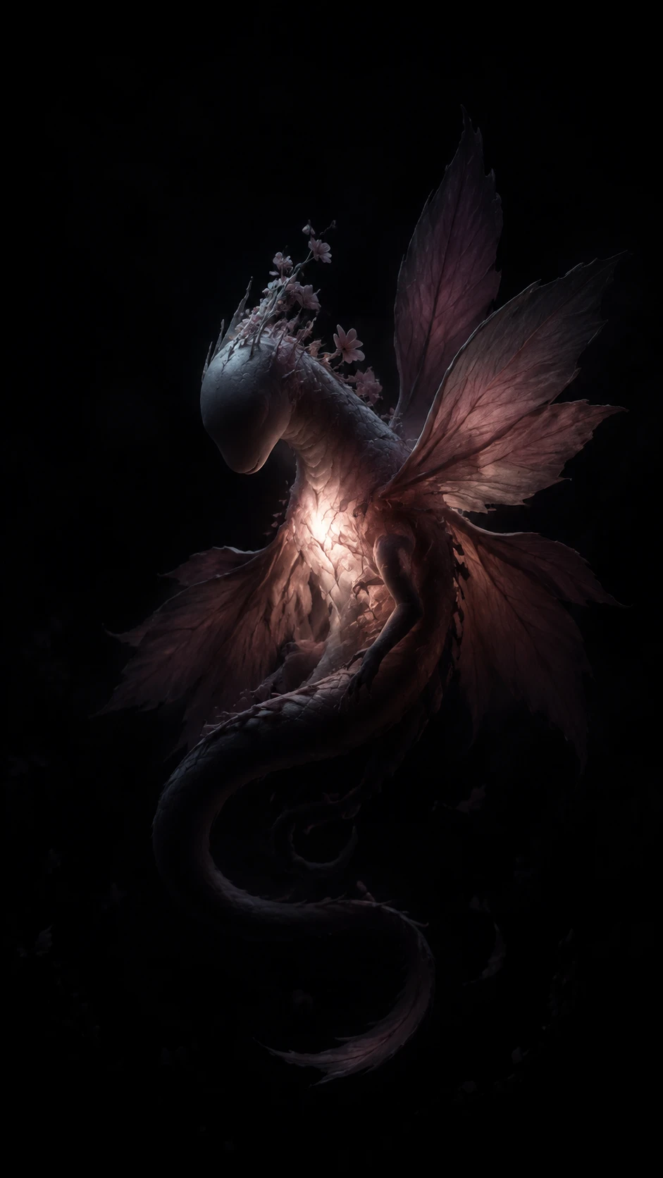 Small eyeless dragon with glowing chest in darkness