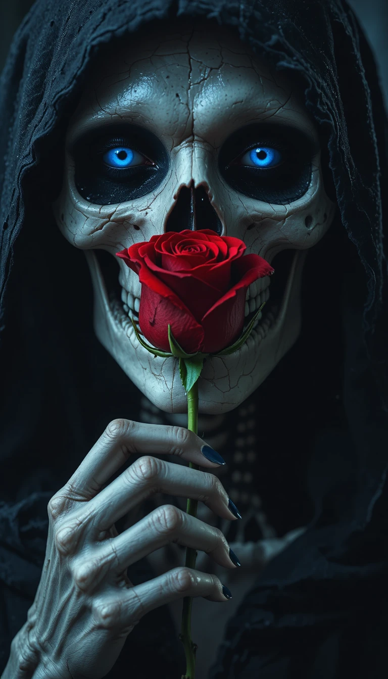 Hooded skeletal figure holding a single red rose