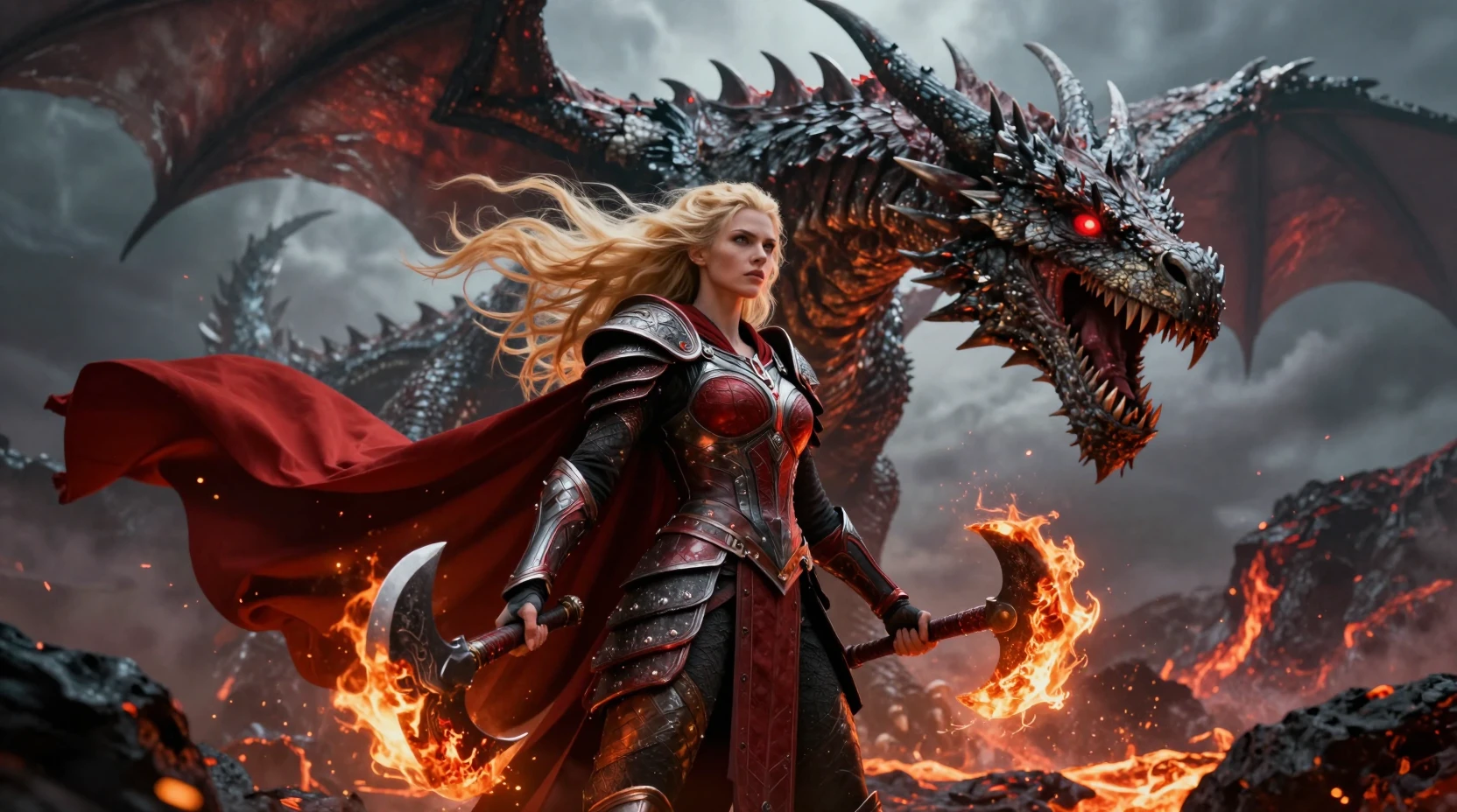 Valkyrie warrior facing a colossal dragon in lava battlefield