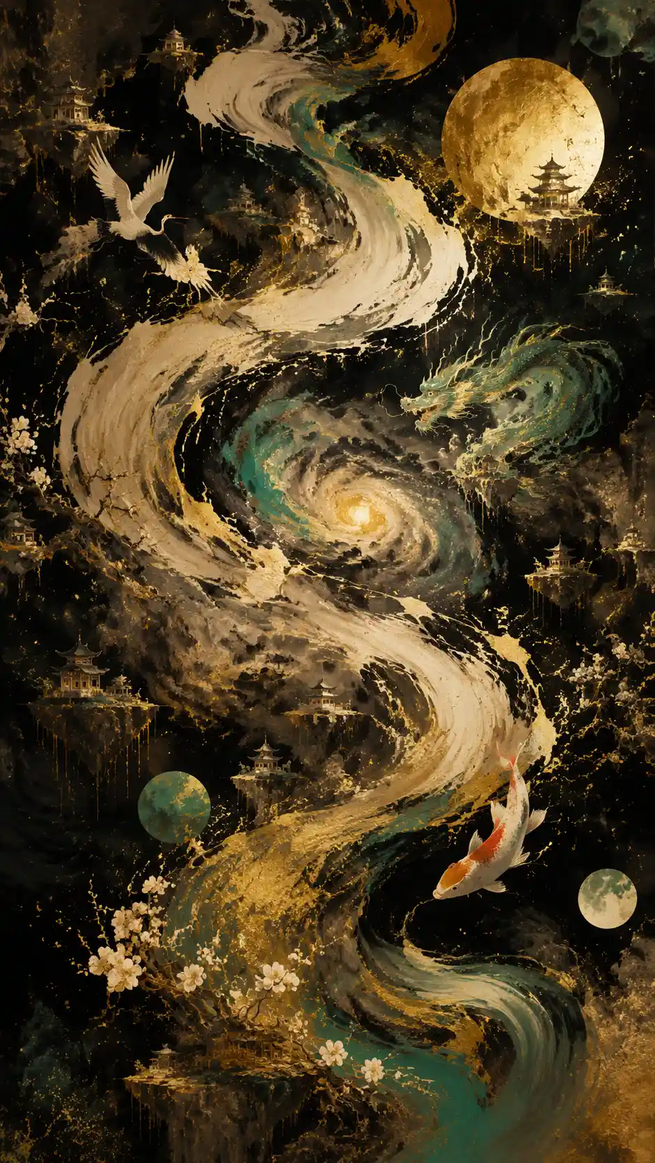 Cosmic calligraphy flowing into galaxies and temples