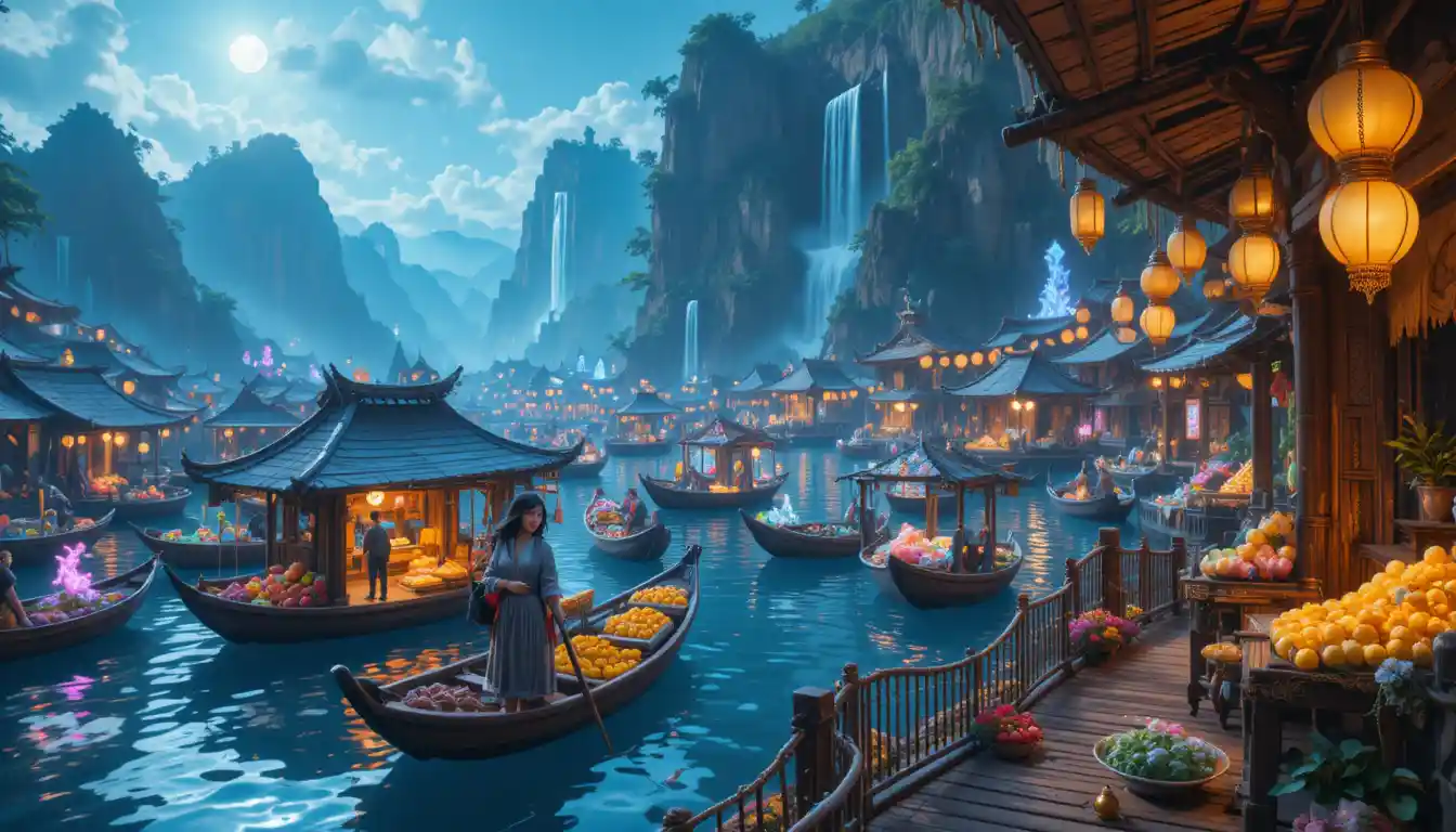 Young merchant in a glowing fantasy lakeside market at night
