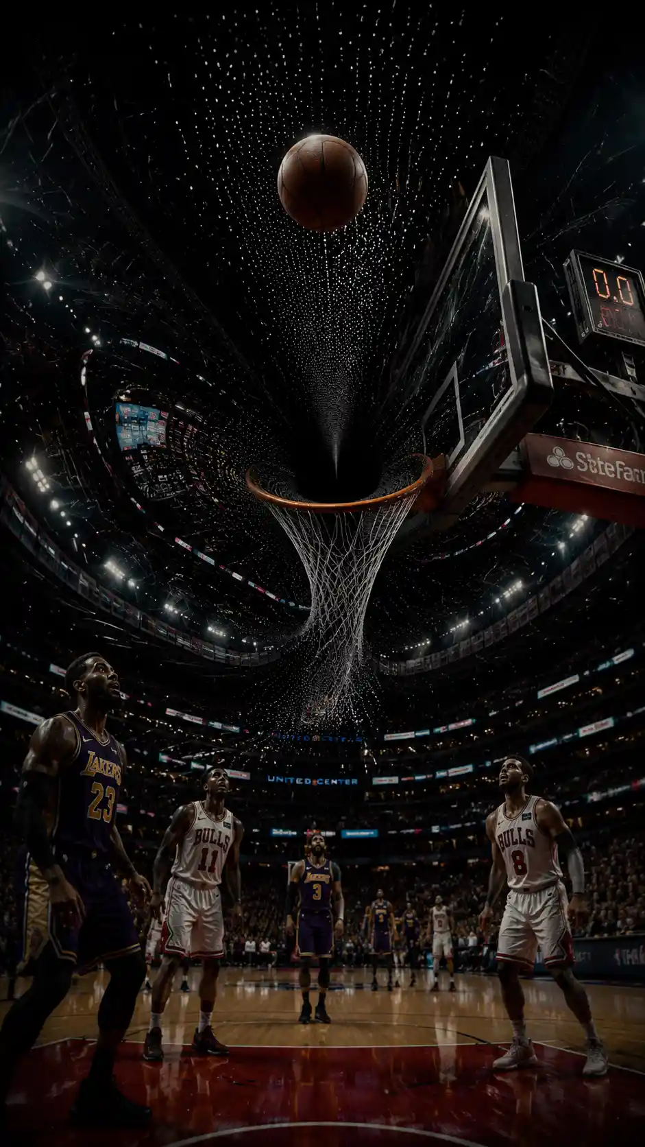 Pallone da basket sospeso sopra il canestro in un’arena surreale e distorta