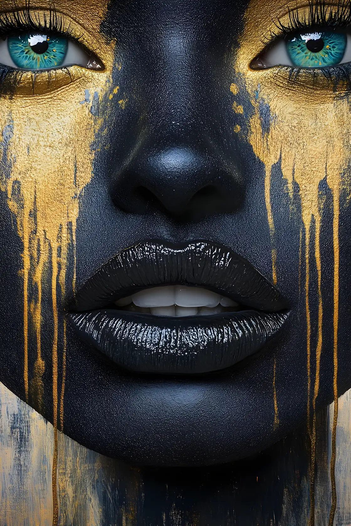 Surreal black lips with a vivid blue green eye