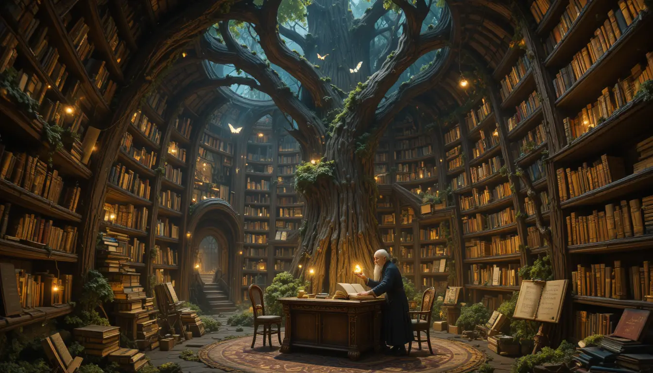 Ancient elf librarian in a glowing tree library