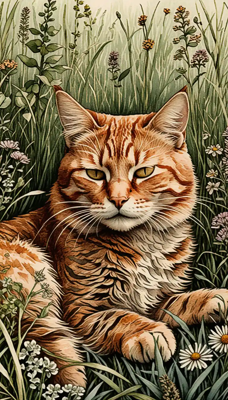 Content ginger cat reclining in meadow wildflowers illustration