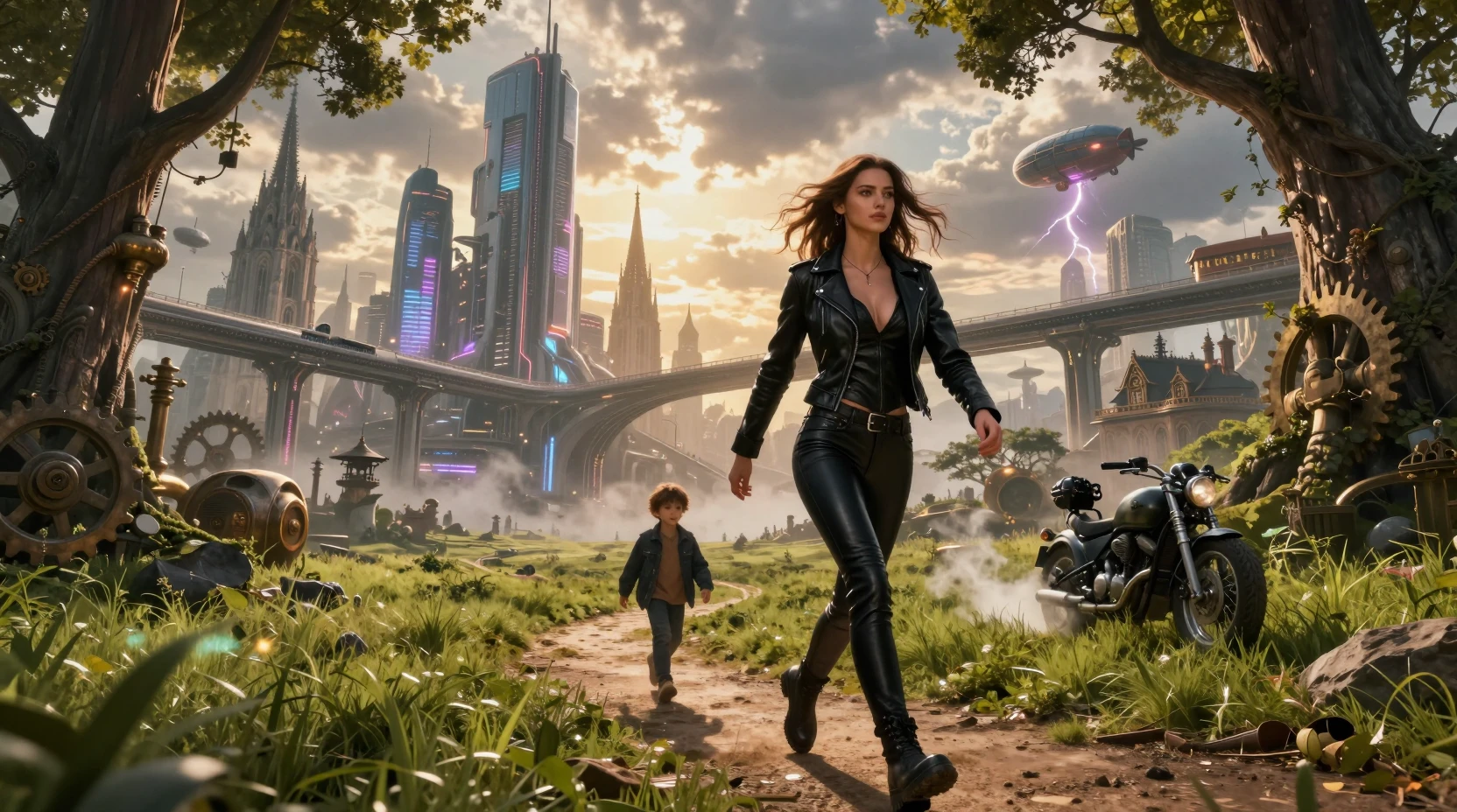 Woman and child walking toward a futuristic gothic megacity