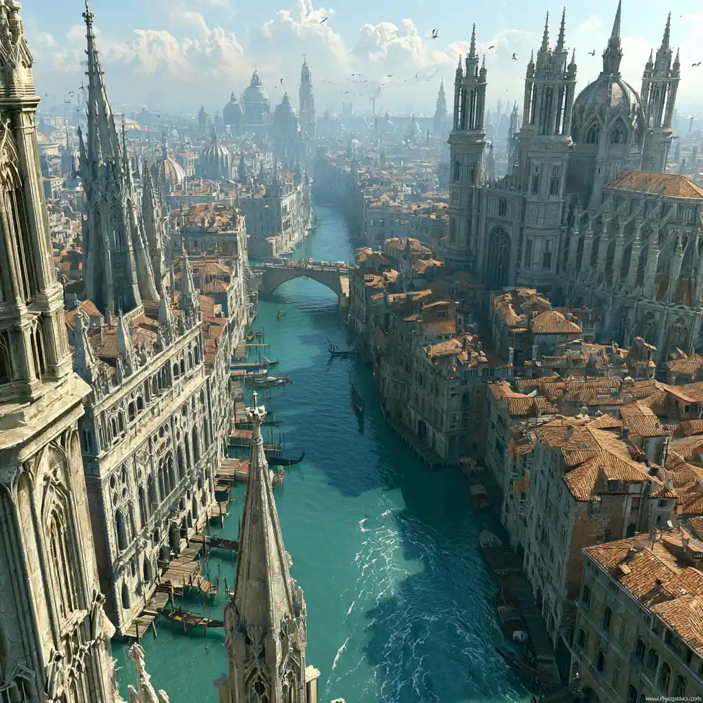 Aerial view over historic canal city and grand cathedral
