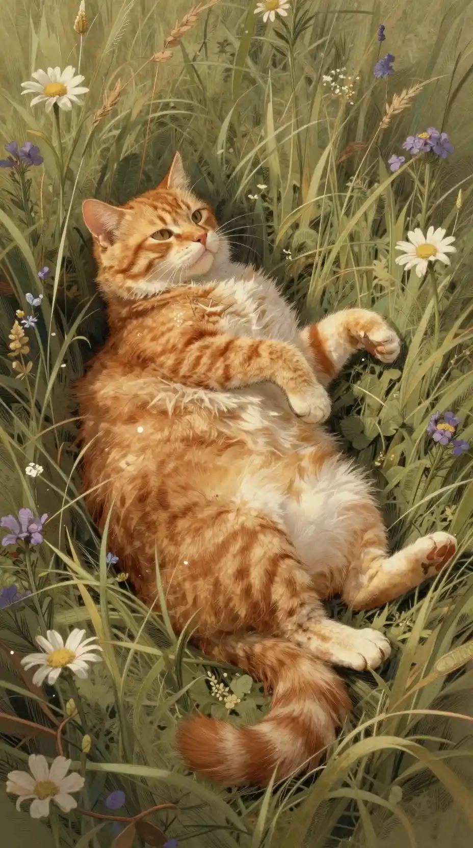 Ginger cat reclining in a vintage storybook meadow