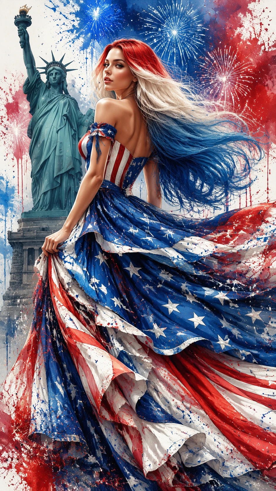 Girl in flowing american flag inspired fashion illustration