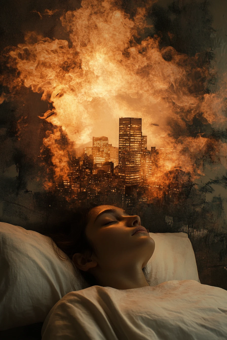 Mulher dormindo na cama com cidade de sonho surreal e rosto fantasmagórico