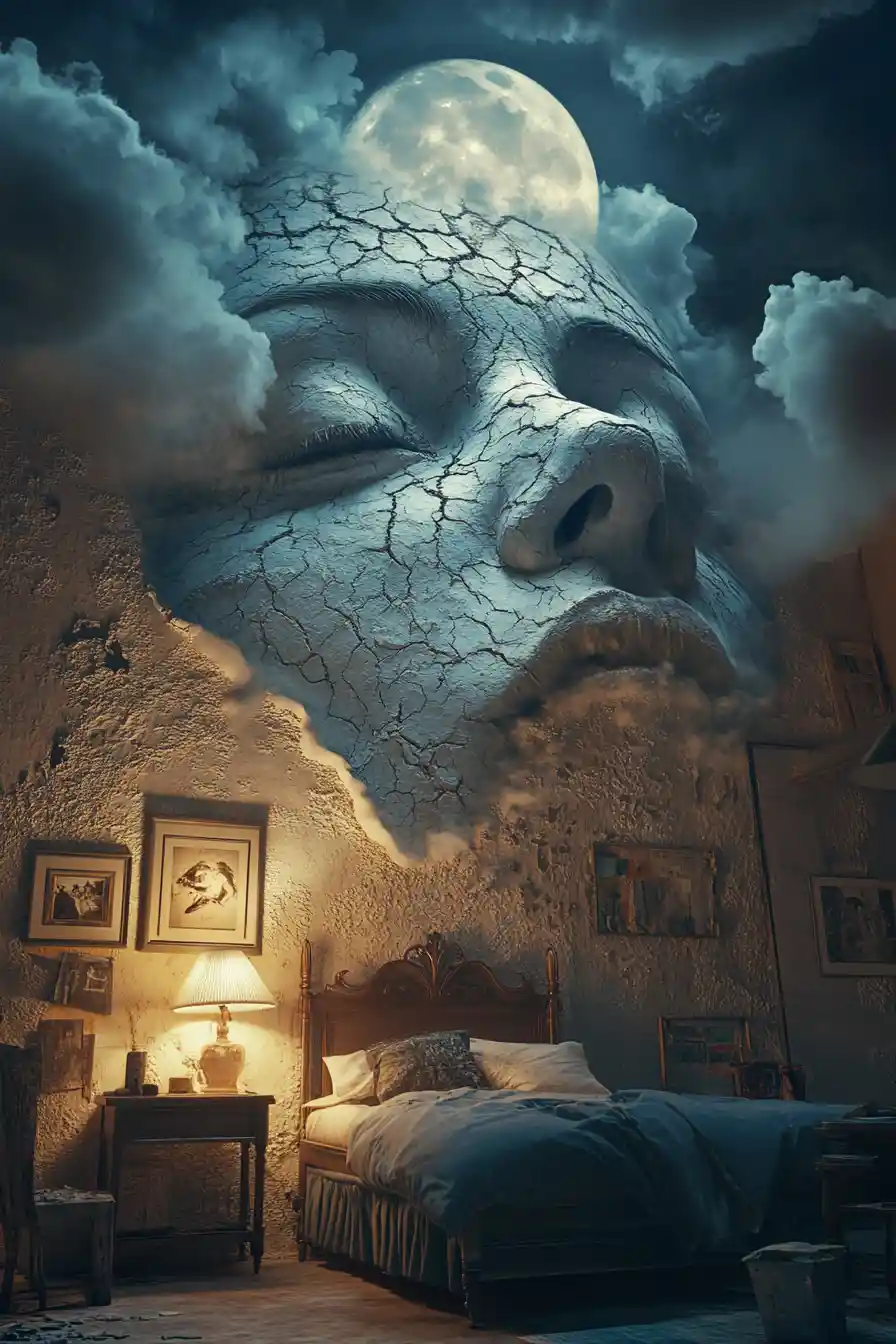 Surreal bedroom with colossal cracked face and lone figure