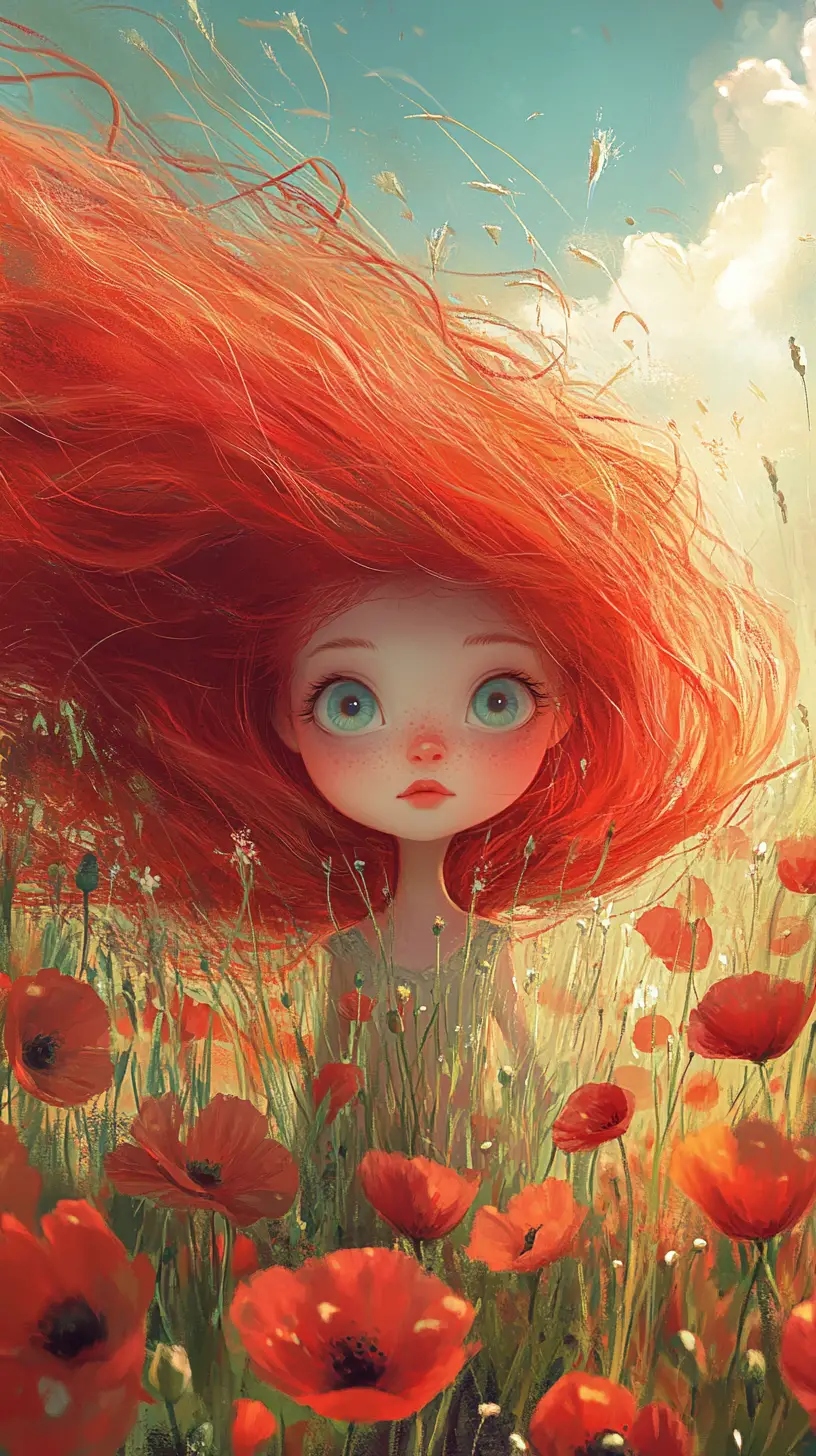 Dreamy Red Haired Girl In Sunlit Poppy Field