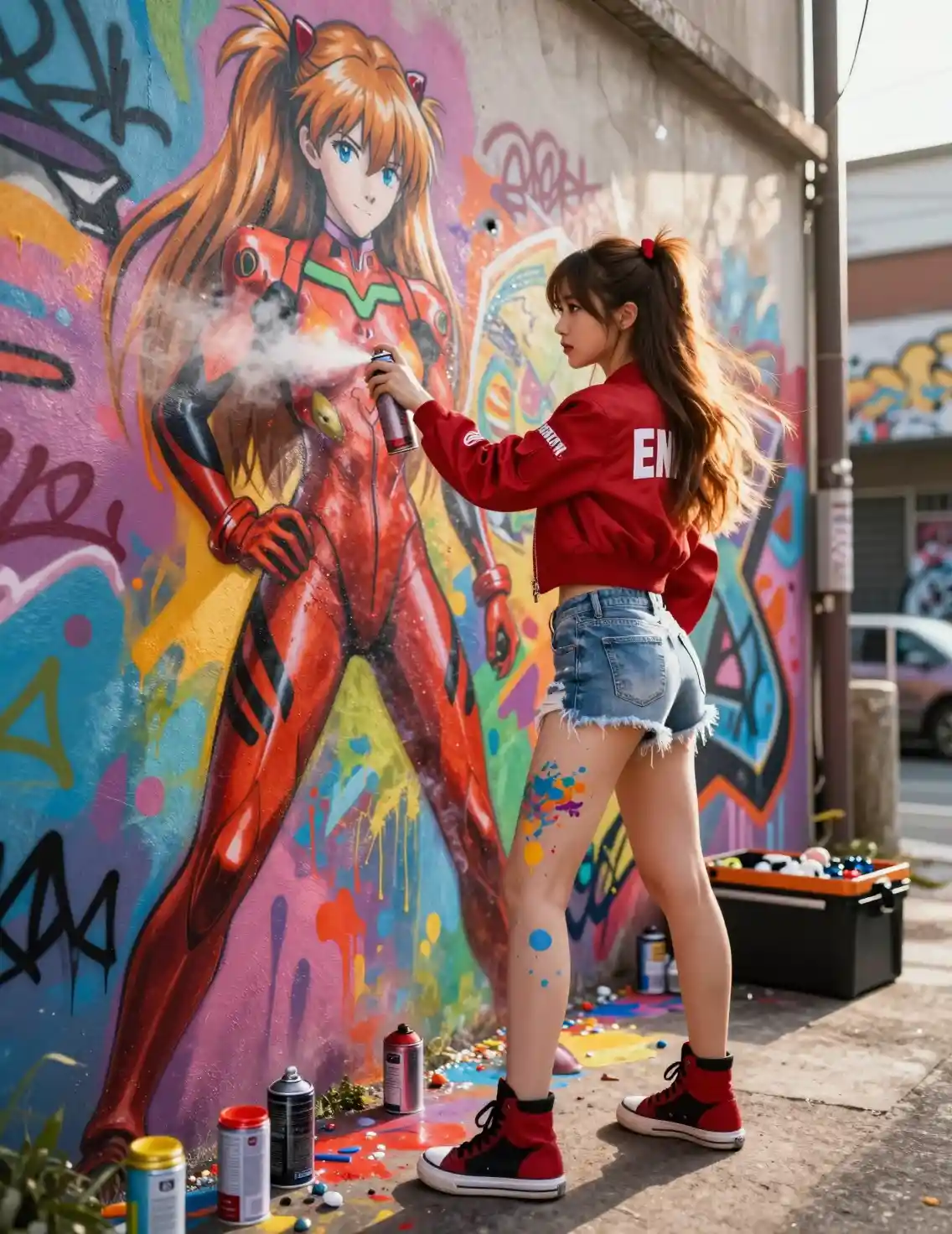 Japanese woman spray painting anime mural in urban alley