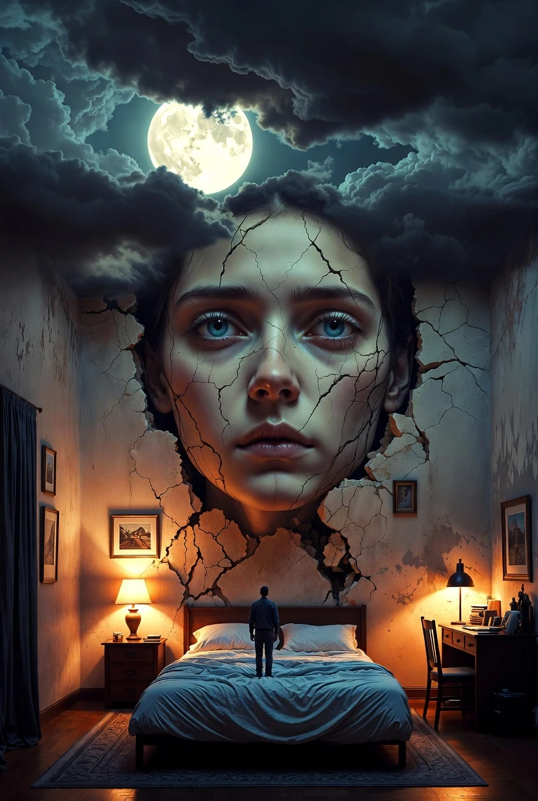 Surreal bedroom with colossal cracked face and lone figure