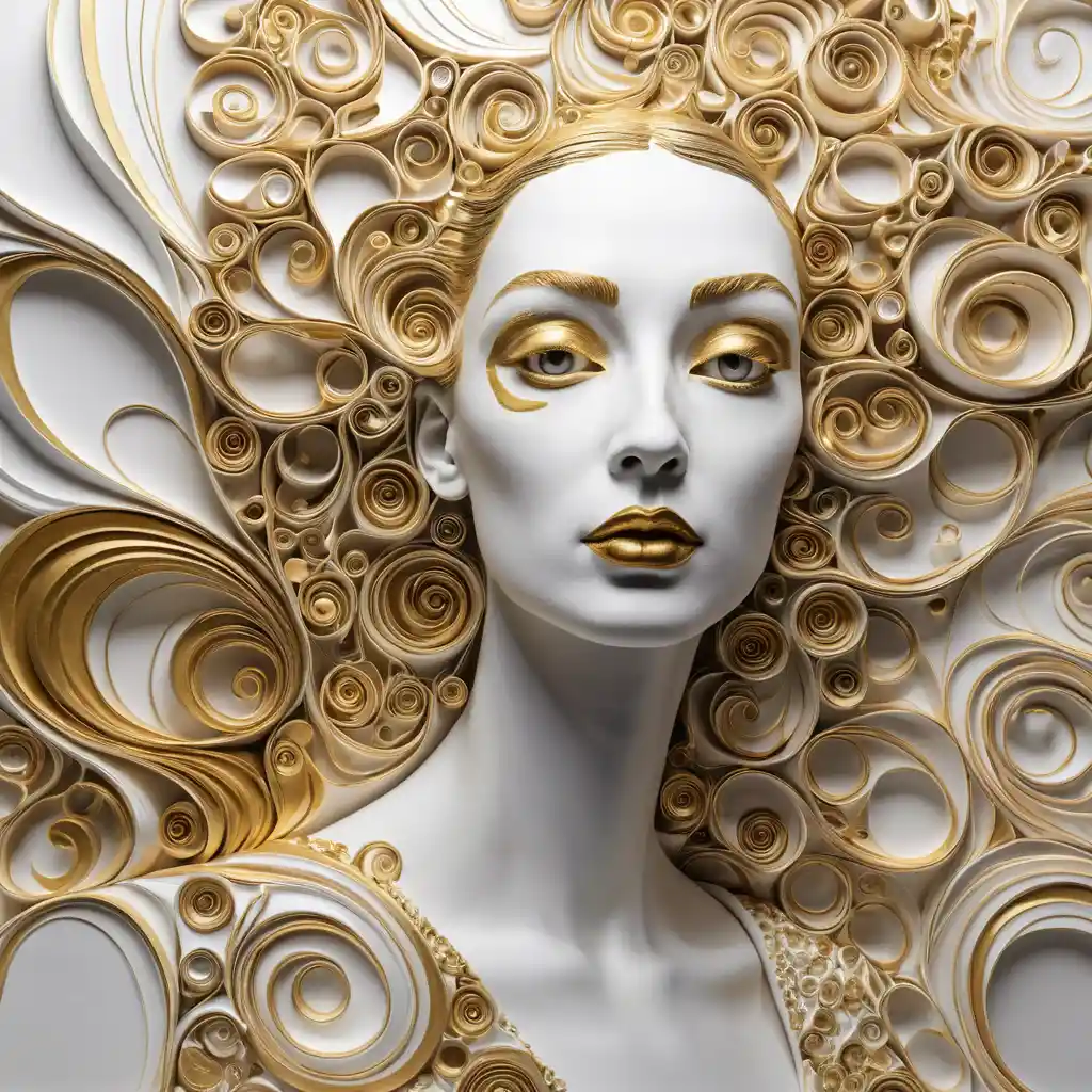 Abstract white and gold drawing with rich 3D texture