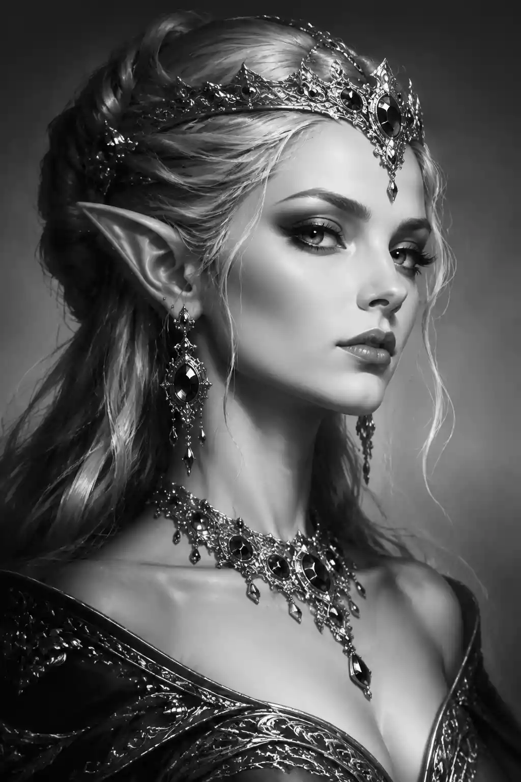 Elegant elf queen close up portrait in black and white
