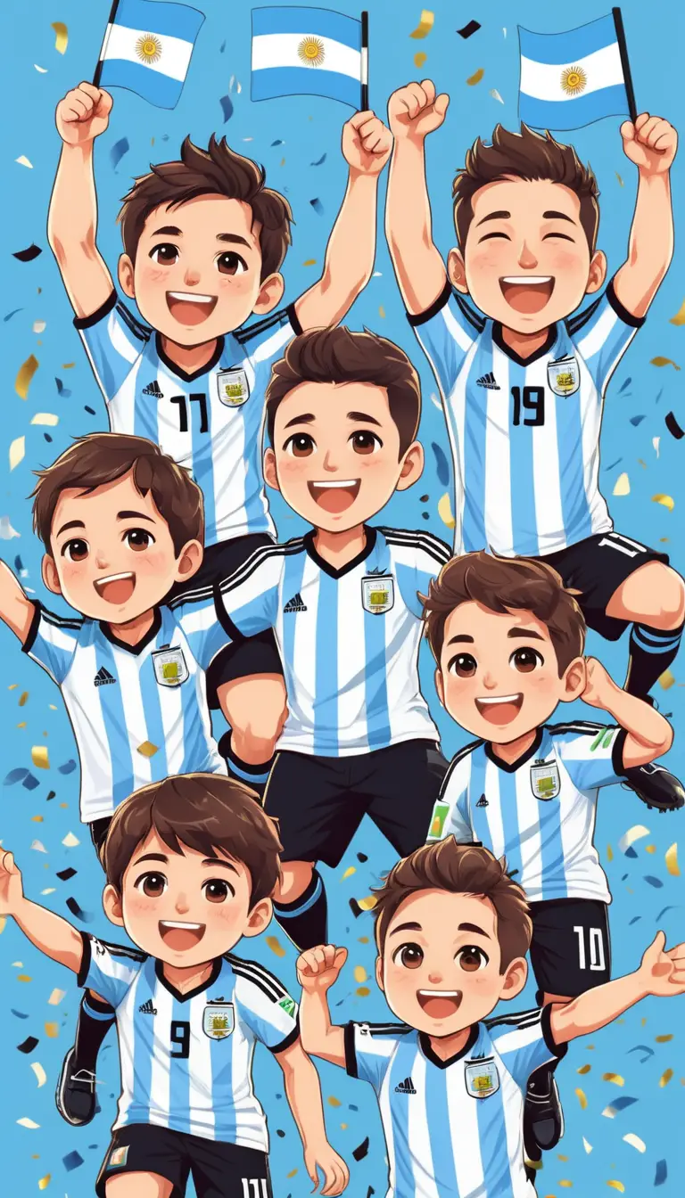 Cute chibi Argentina football players celebrating with flags