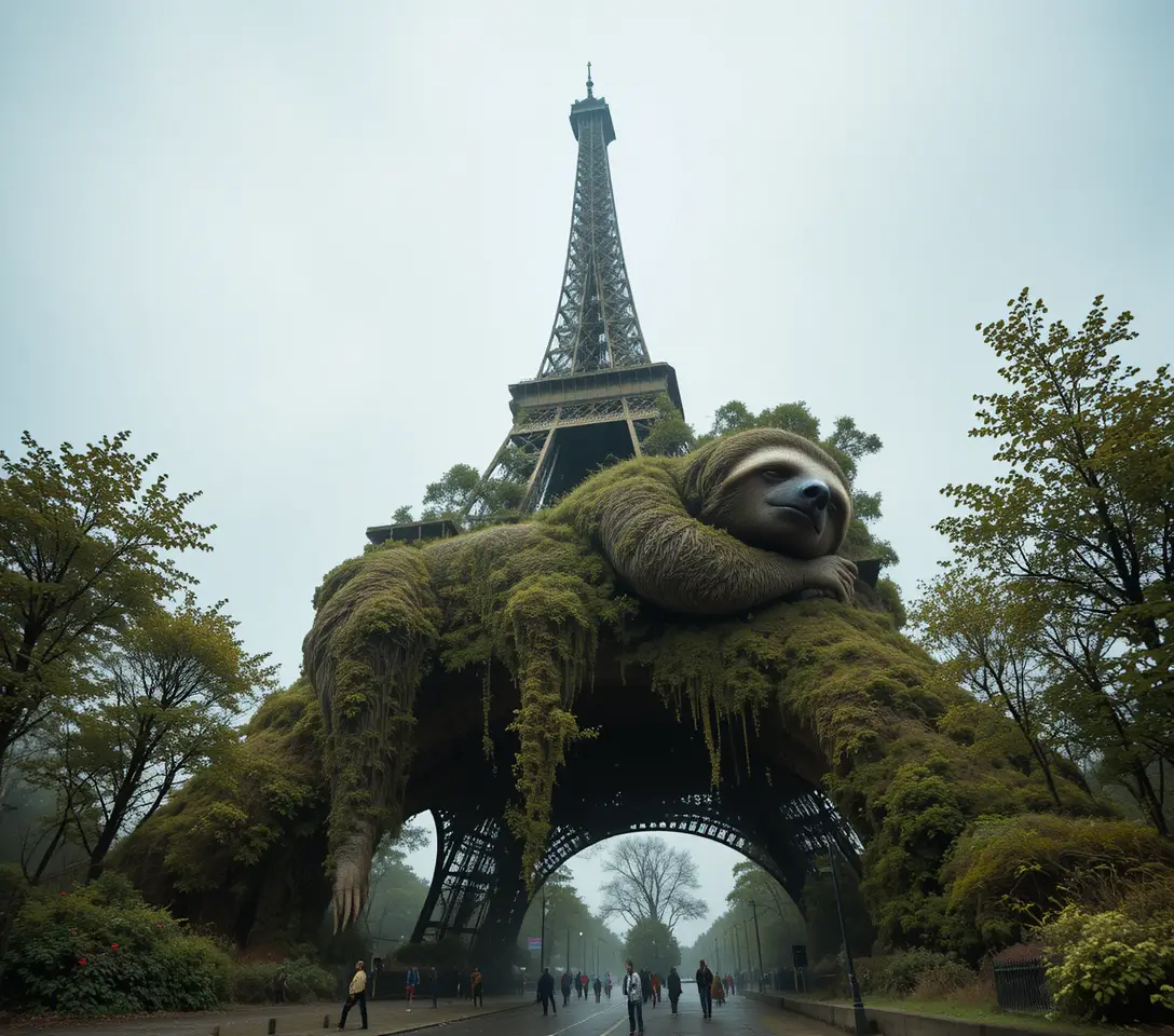 Giant moss covered sloth sleeping around the Eiffel Tower