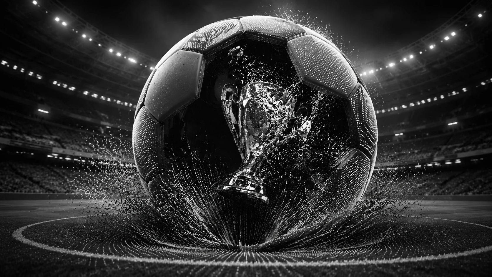 Giant soccer ball opening on a surreal collapsing stadium field