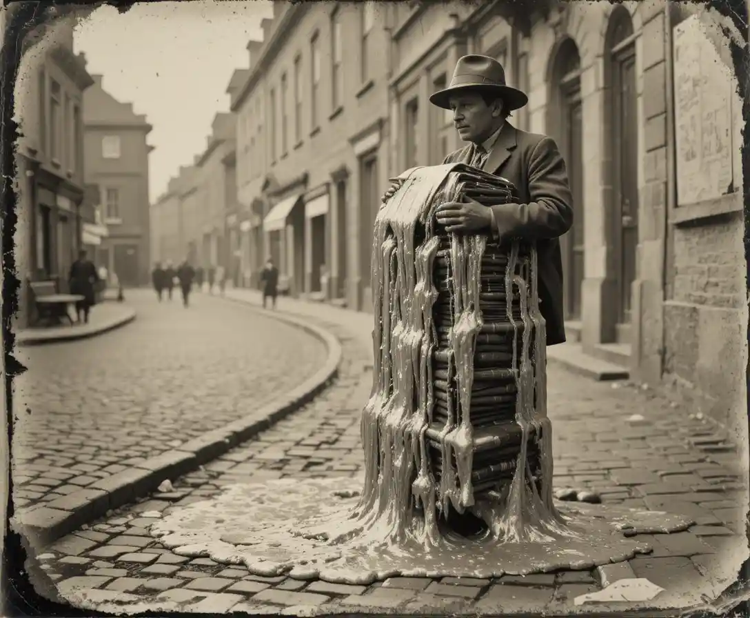 Vintage tintype of newsboy with molten silver newspapers