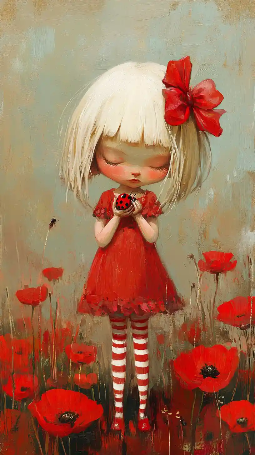 Little girl with ladybug in red poppy flower field