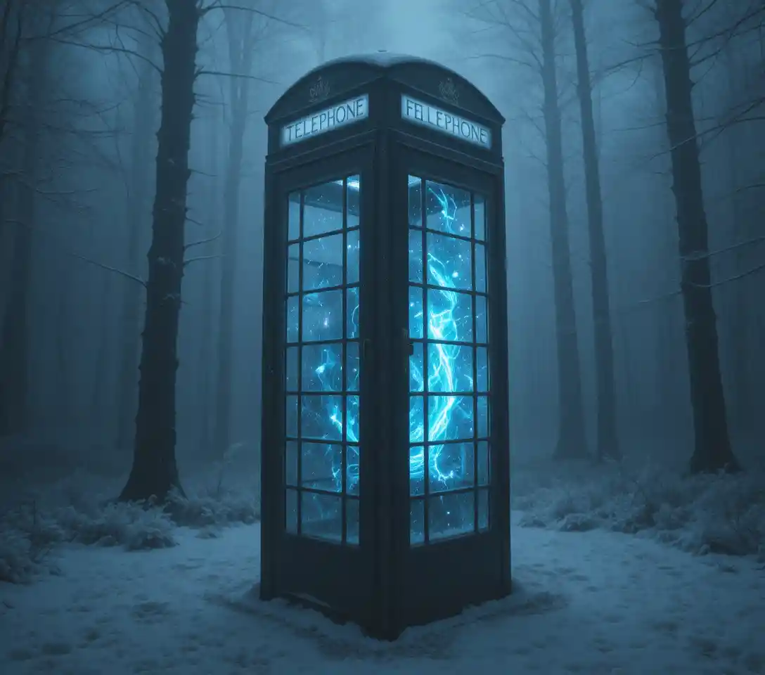 Cabina telefonica luminosa in una notte d’inverno nebbiosa nel bosco
