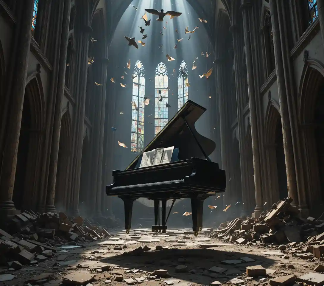 Grand piano floating in ruins of a shattered cathedral