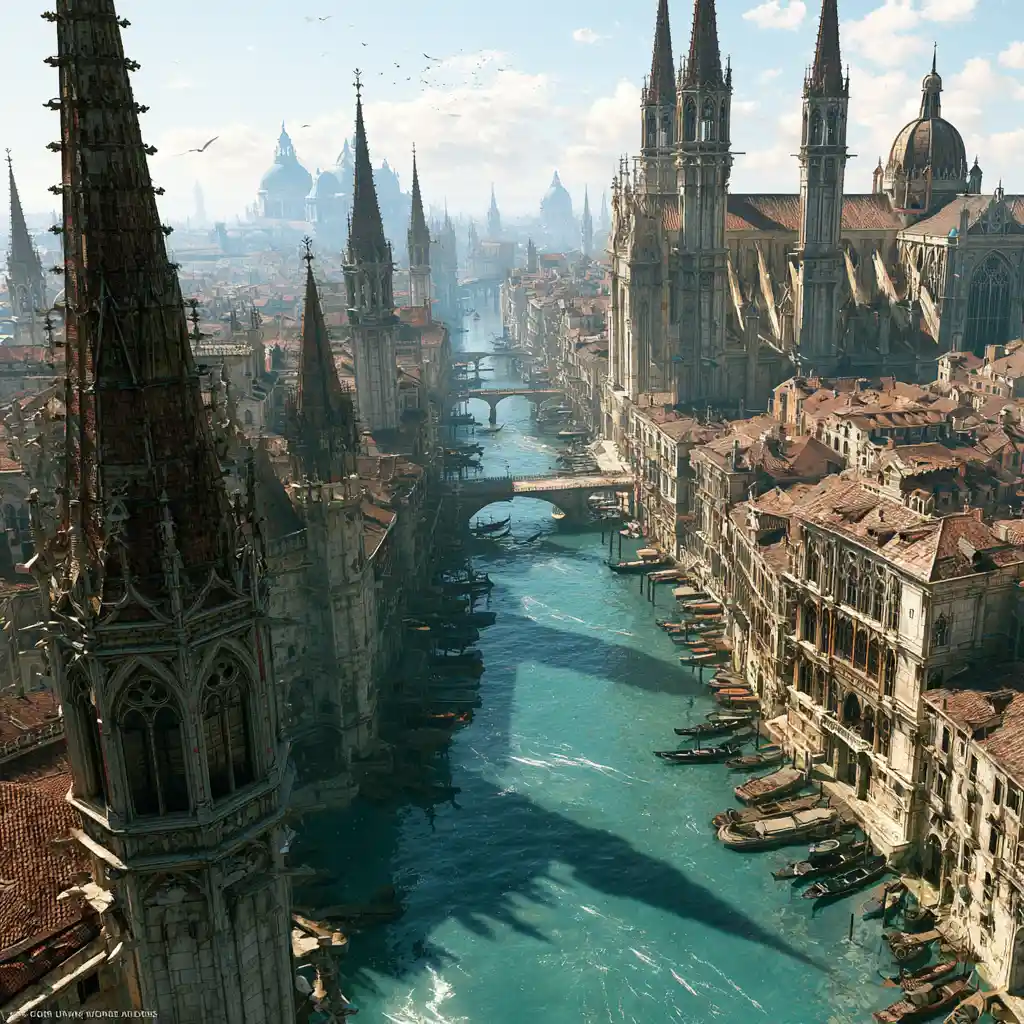 Aerial canal view over a grand European cathedral city