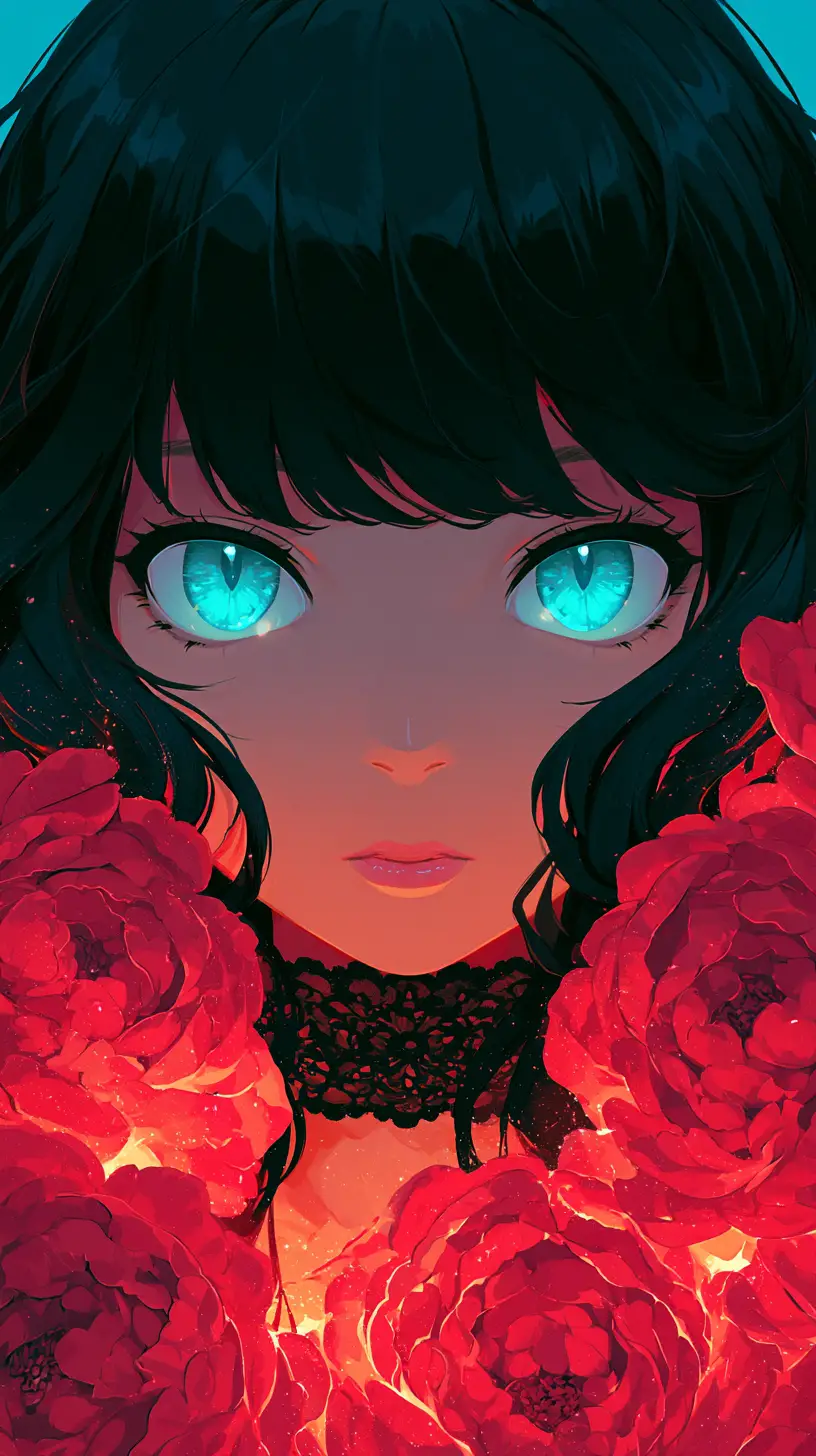 Anime girl portrait with cyan eyes and red flowers
