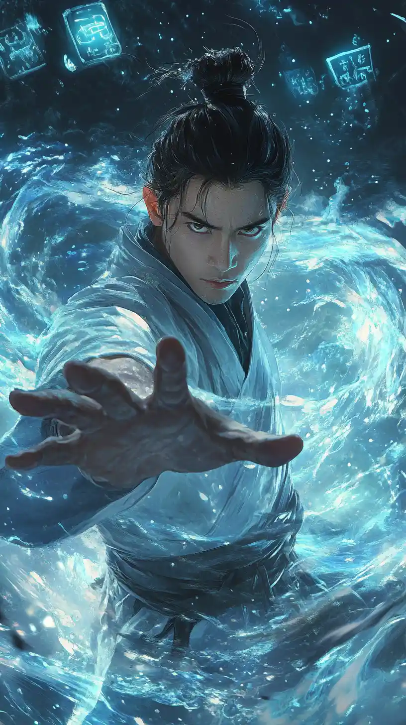 Young martial artist summoning swirling blue magical water
