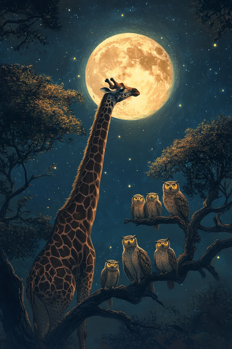 Giraffe Reaching For A Glowing Moon In A Starry Sky
