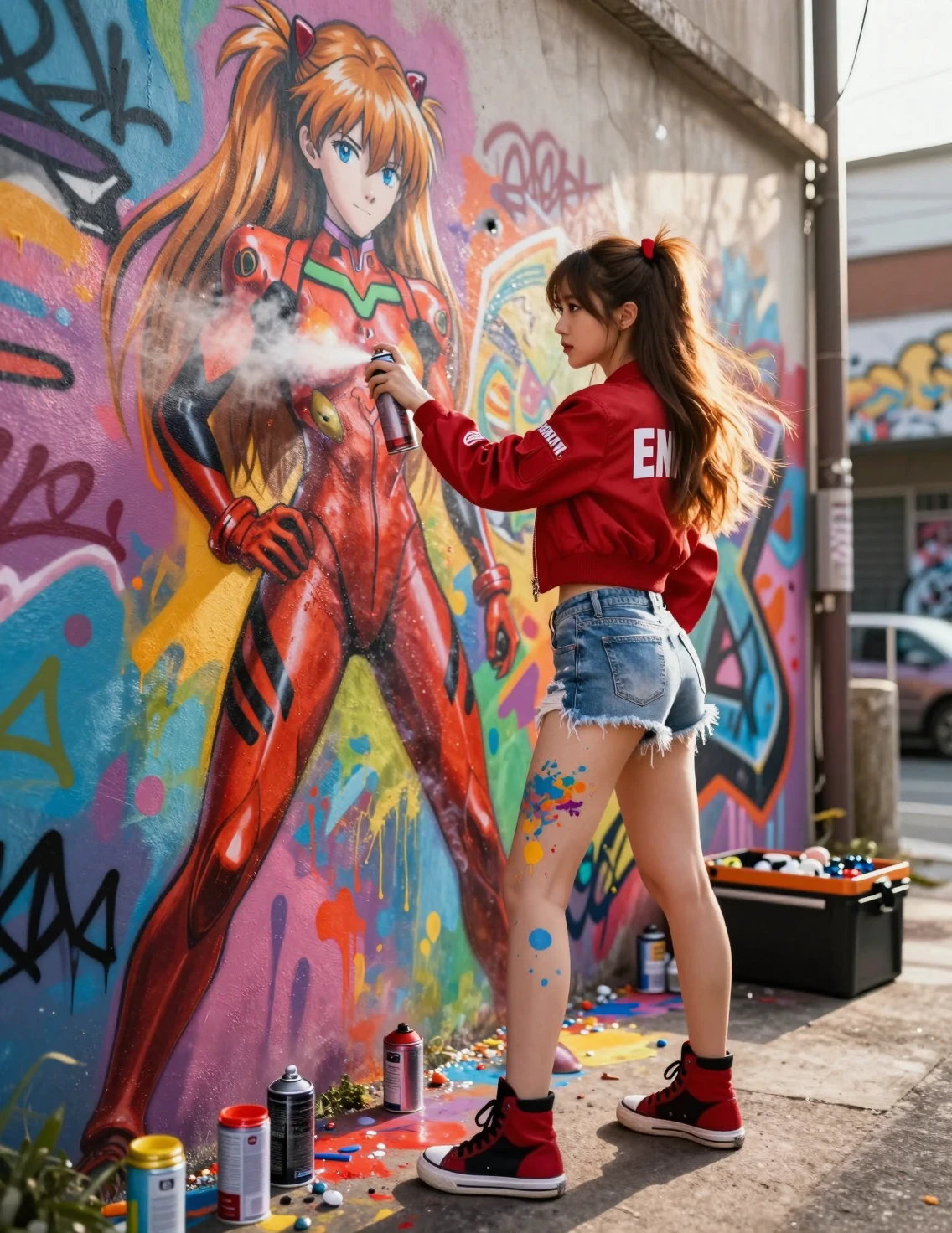 Mujer japonesa pintando con spray mural de anime en un callejón urbano