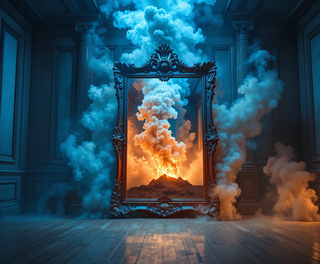 Ornate mirror portal from ballroom to fiery volcanic room