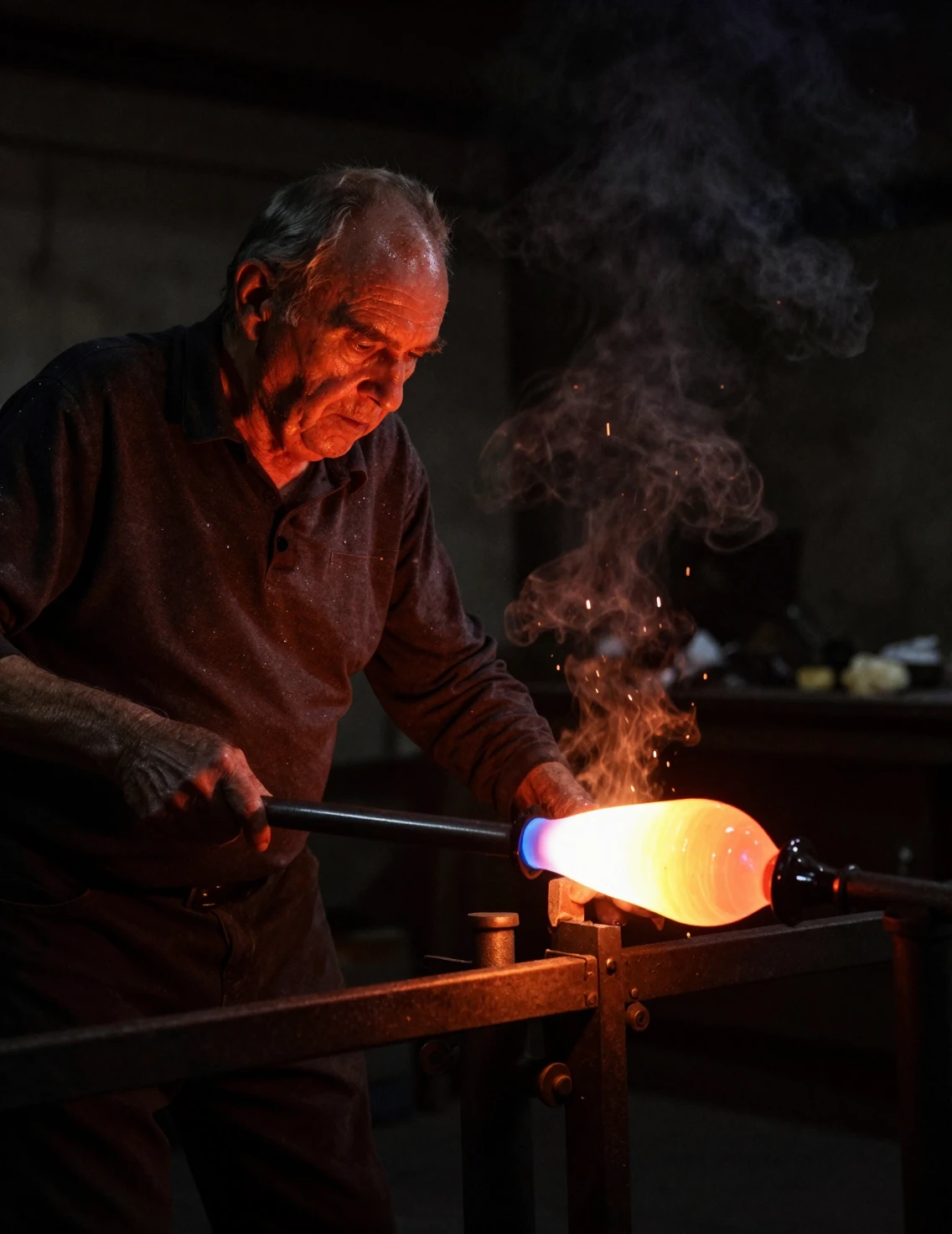Elderly glassblower shaping molten glass in dark workshop