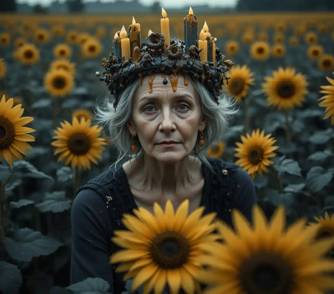 Elderly woman in candle crown among dark sunflowers