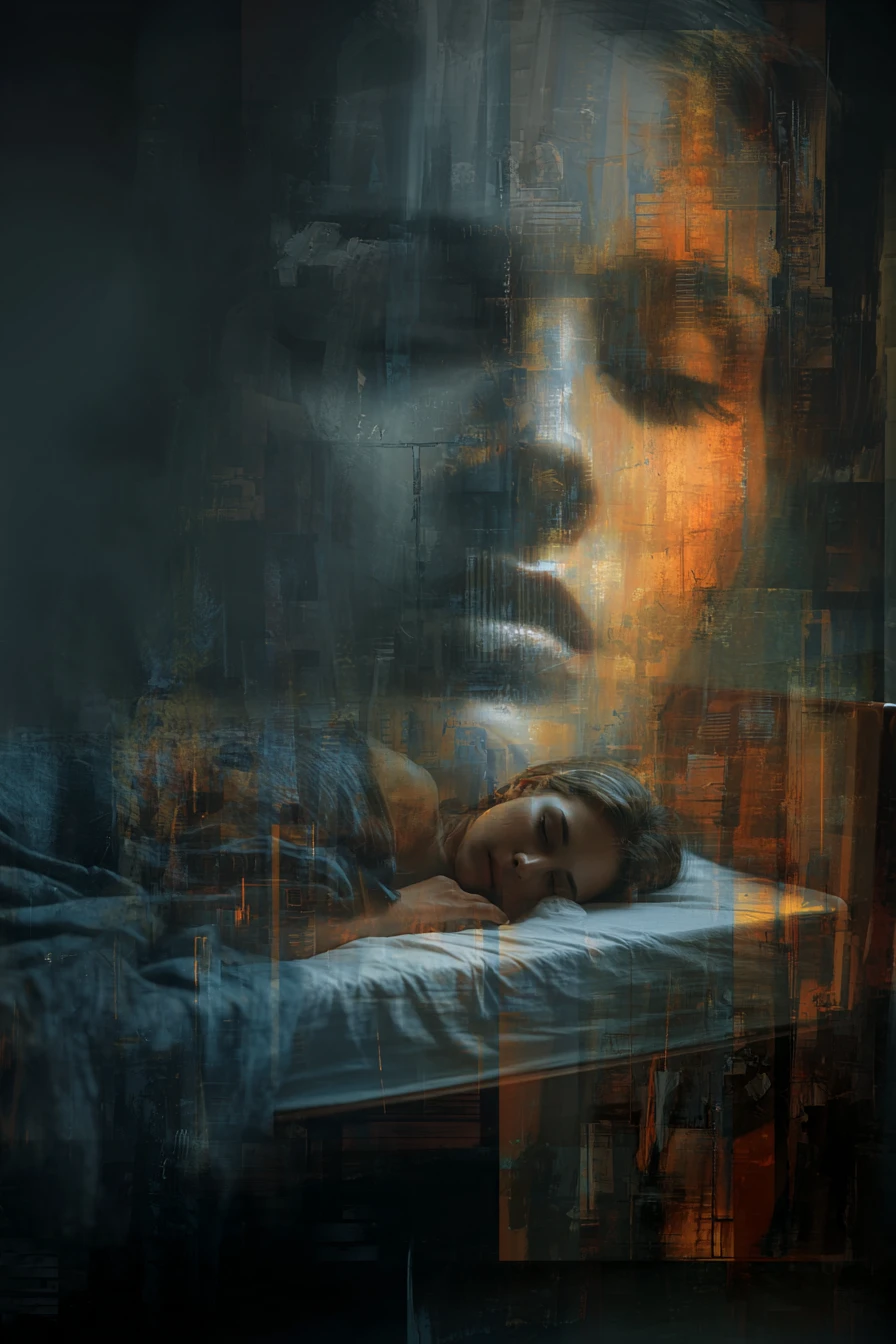 Woman sleeping as a dark surreal city emerges from dreams