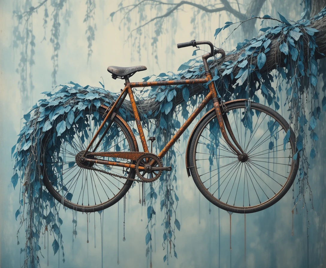 Rusted Bicycle Entangled In A Tree With Ocean Blue Leaves
