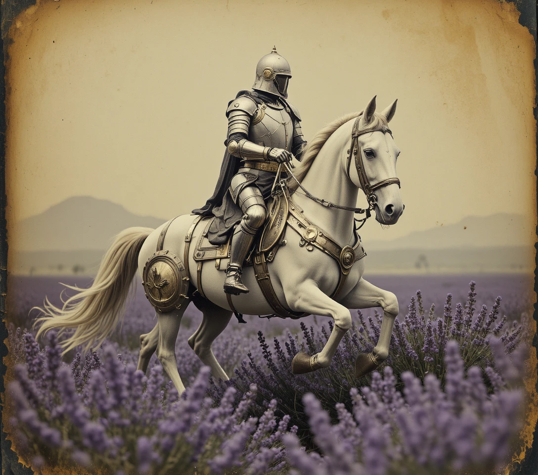 Medieval knight on white steed charging through lavender field