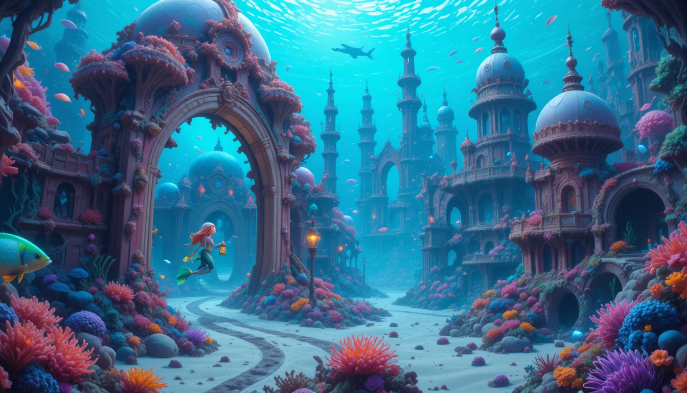 Mermaid explorer gliding through a glowing coral city