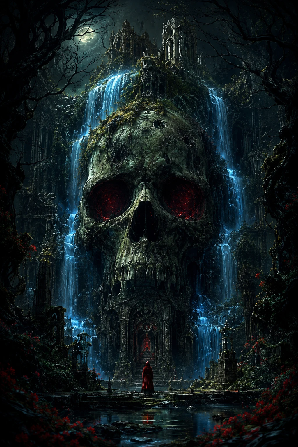 Ancient moss covered skull with waterfall in gothic ruin