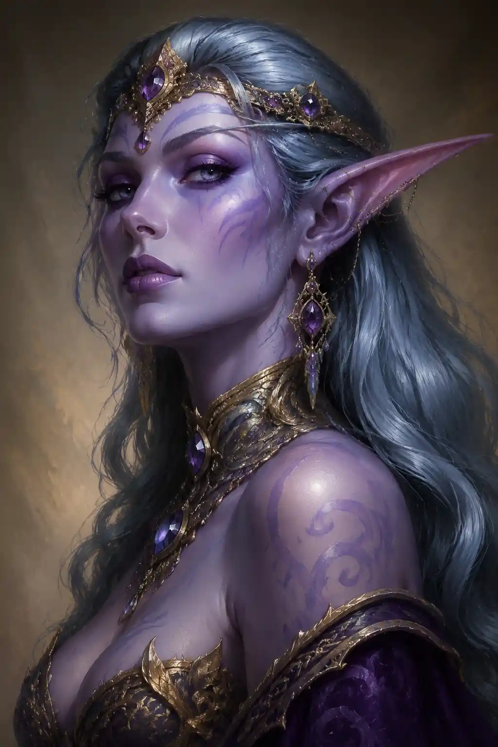 Regal night elf queen portrait in elegant fantasy style