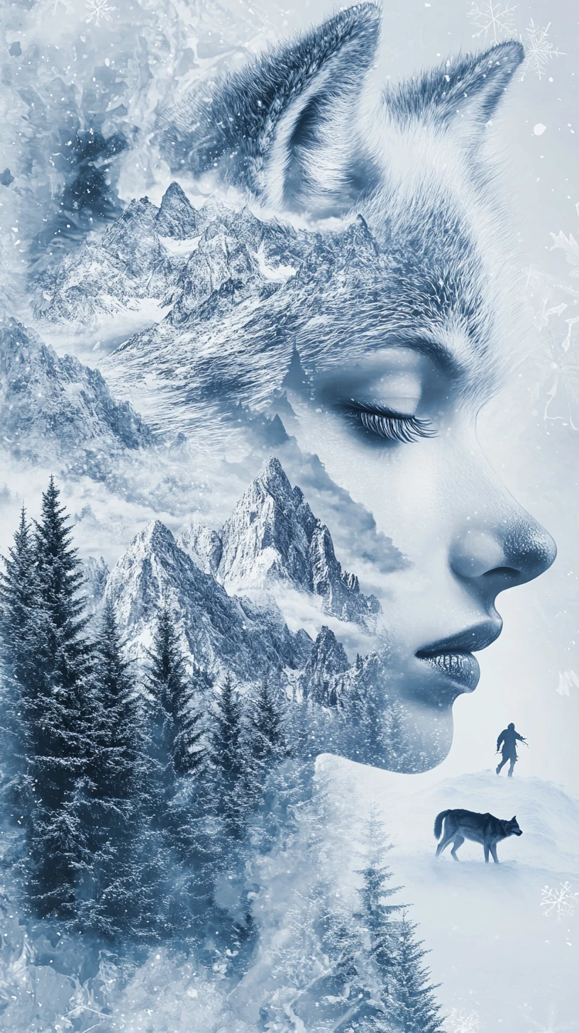 Silver wolf dissolving into snow and distant mountains