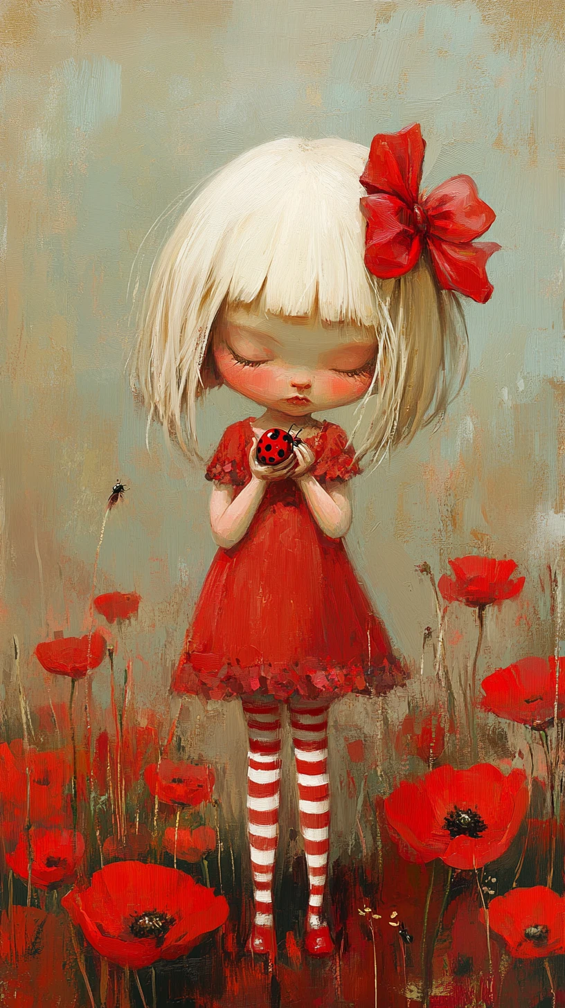 Little girl with ladybug in red poppy flower field