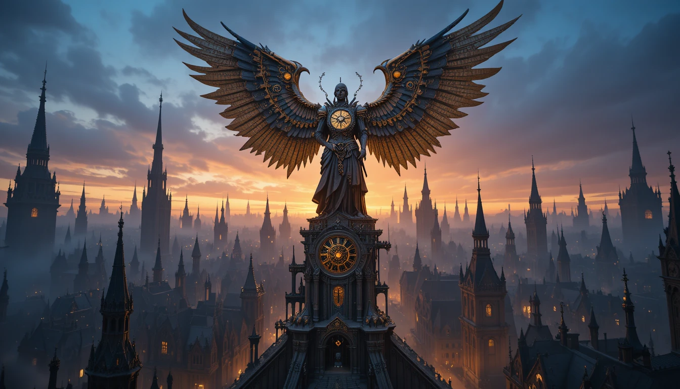 Clockwork angel overlooking a gothic fantasy city at dusk