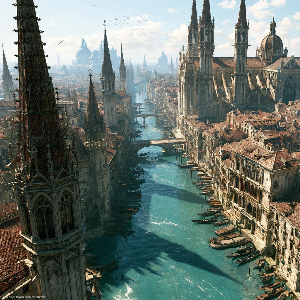 Aerial canal view over a grand European cathedral city