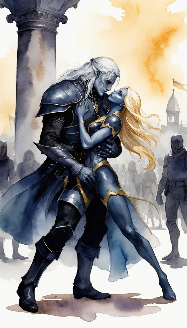 Fantasy officer greeting his partner in a crowded hall