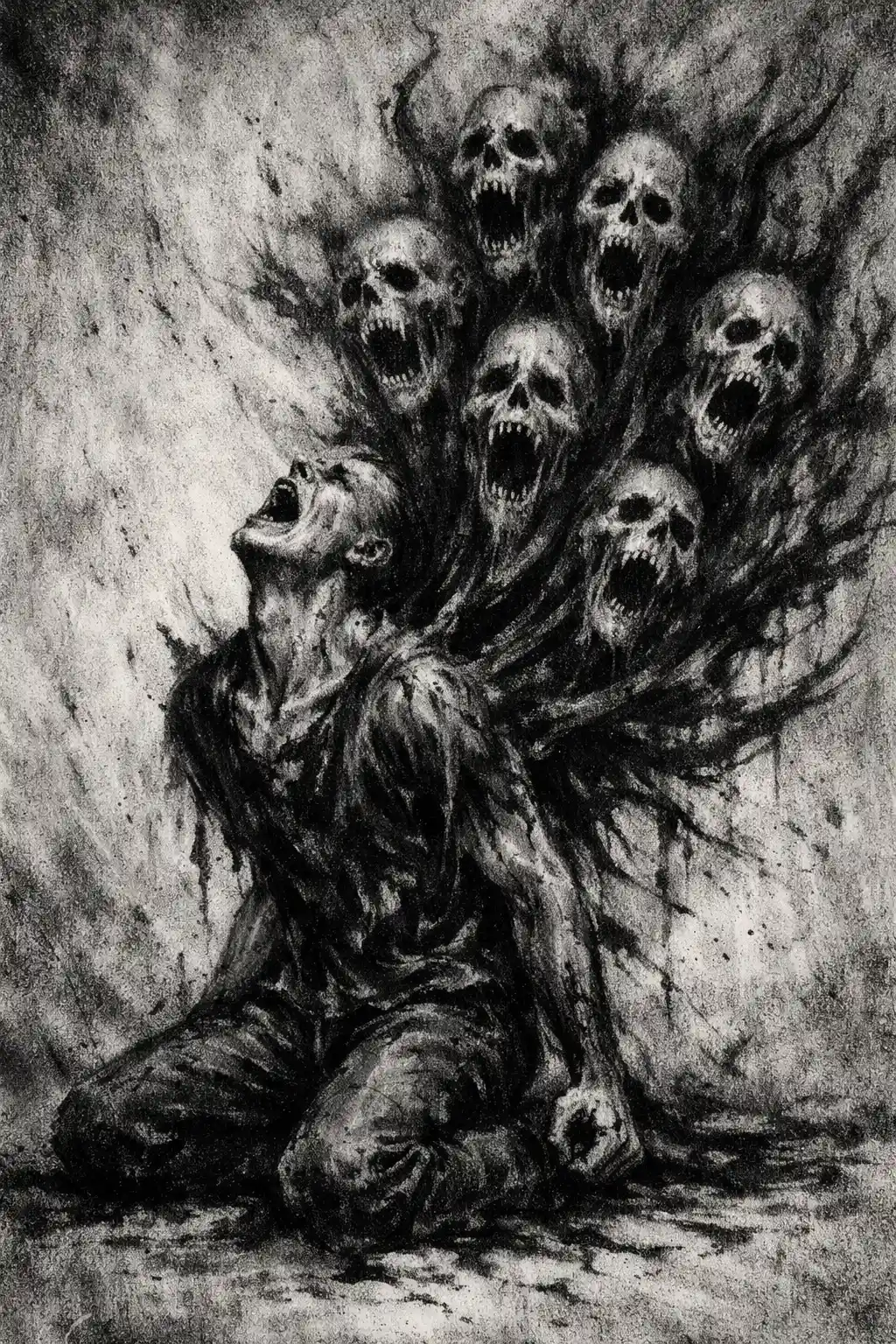 Kneeling tormented figure engulfed by screaming skull faces