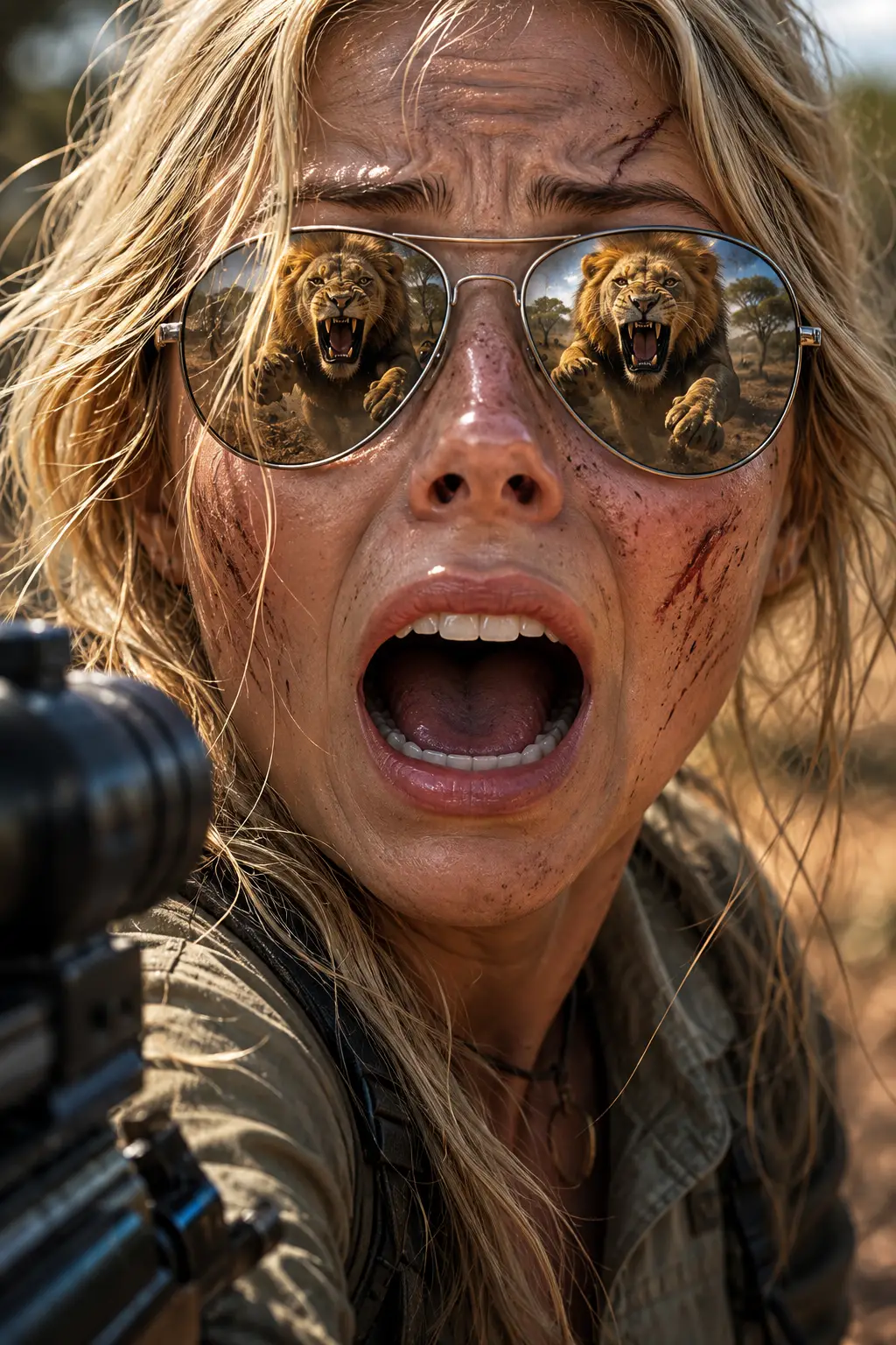 Terrified woman in sunglasses facing charging lion reflection