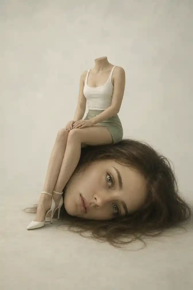 Headless woman seated on her own oversized detached head