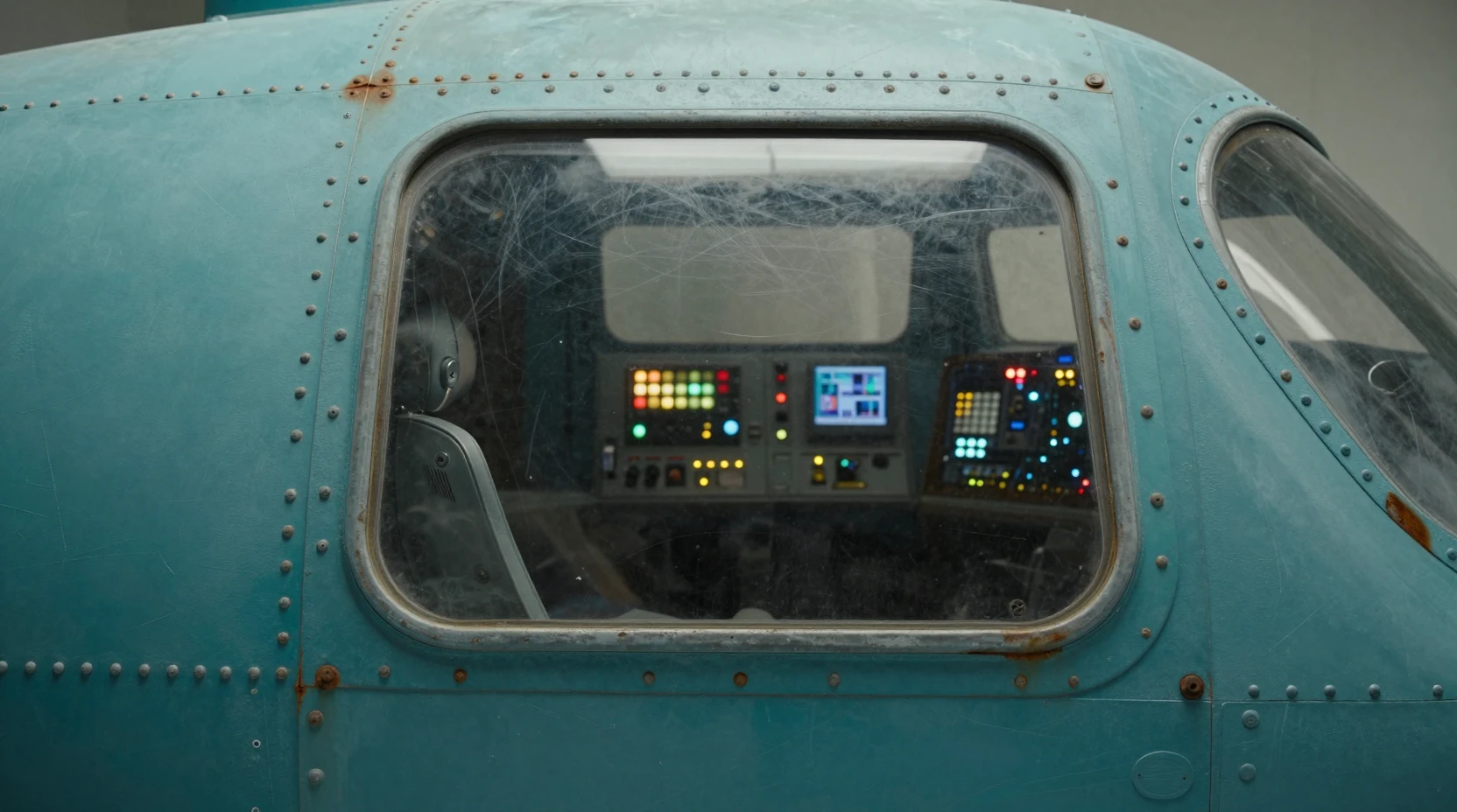 Close up cockpit window of a weathered teal spaceship